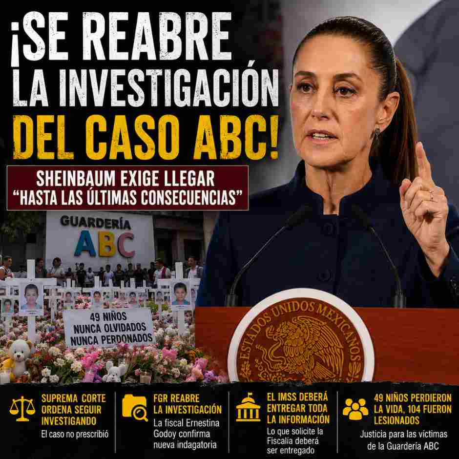 La presidenta Claudia Sheinbaum durante la conferencia matutina en la que confirmó que la Fiscalía General de la República reabrió la investigación del caso Guardería ABC y pidió llegar hasta las últimas consecuencias.