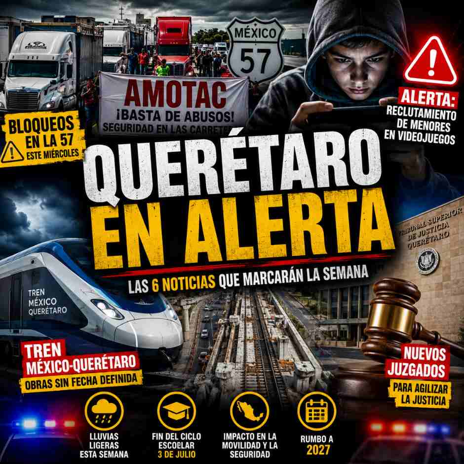 Portada periodística de Querétaro en alerta con bloqueos de AMOTAC en la Carretera 57, advertencia por reclutamiento de menores mediante videojuegos, obras del Tren México-Querétaro y nuevos juzgados penales.