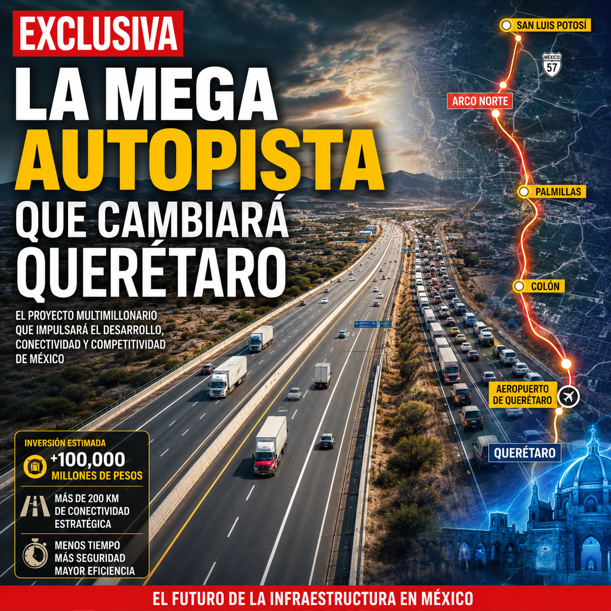 Mega autopista federal propuesta para Querétaro vista desde el aire, con moderna carretera de cuatro carriles, tráfico fluido, mapa digital de conexión estratégica entre Arco Norte, Palmillas, Colón, Aeropuerto de Querétaro y San Luis Potosí, comparada con la saturación de la Carretera Federal 57.
