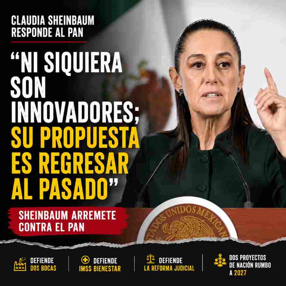 La presidenta Claudia Sheinbaum durante su conferencia matutina, donde afirmó: "Ni siquiera son innovadores; su propuesta es regresar al pasado", en respuesta al proyecto político presentado por el PAN.