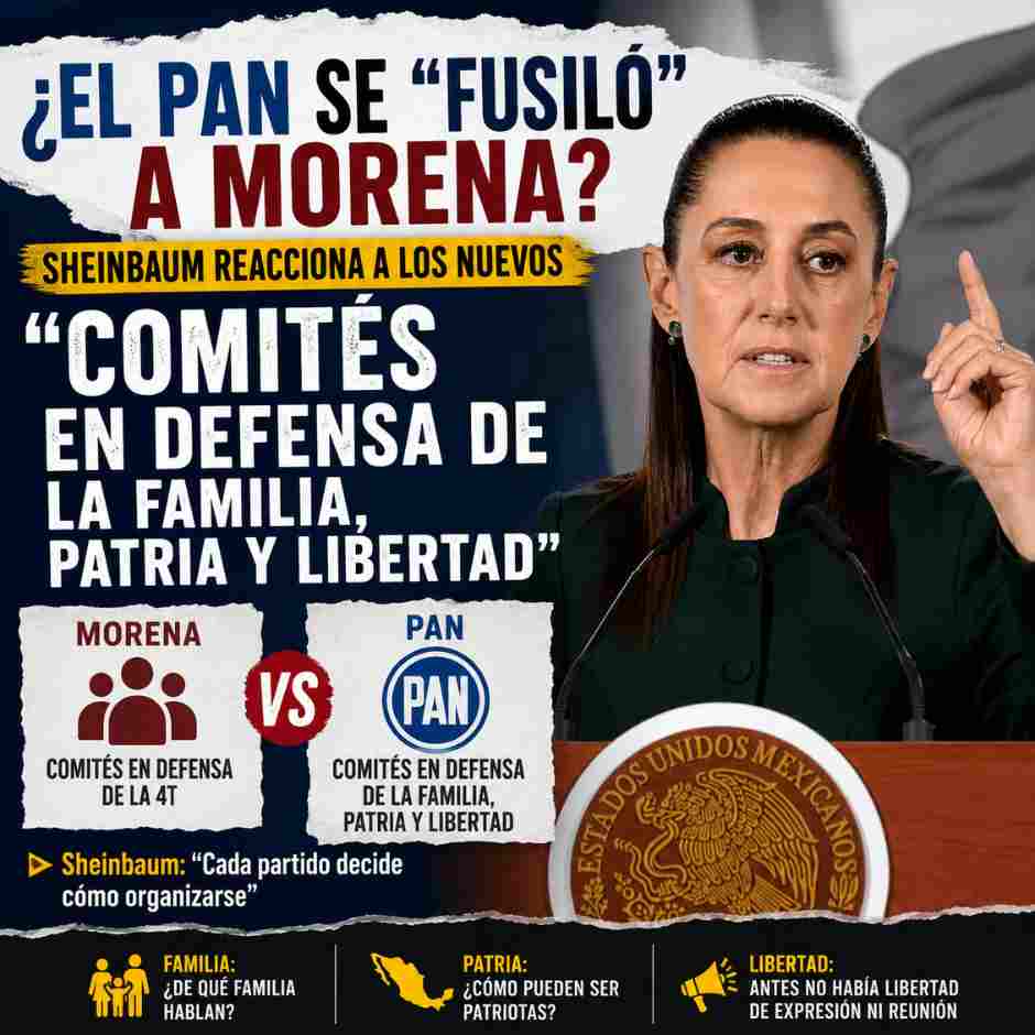 La presidenta Claudia Sheinbaum durante la conferencia matutina, donde respondió al nuevo esquema organizativo del PAN y cuestionó la creación de los "Comités en Defensa de la Familia, Patria y Libertad".