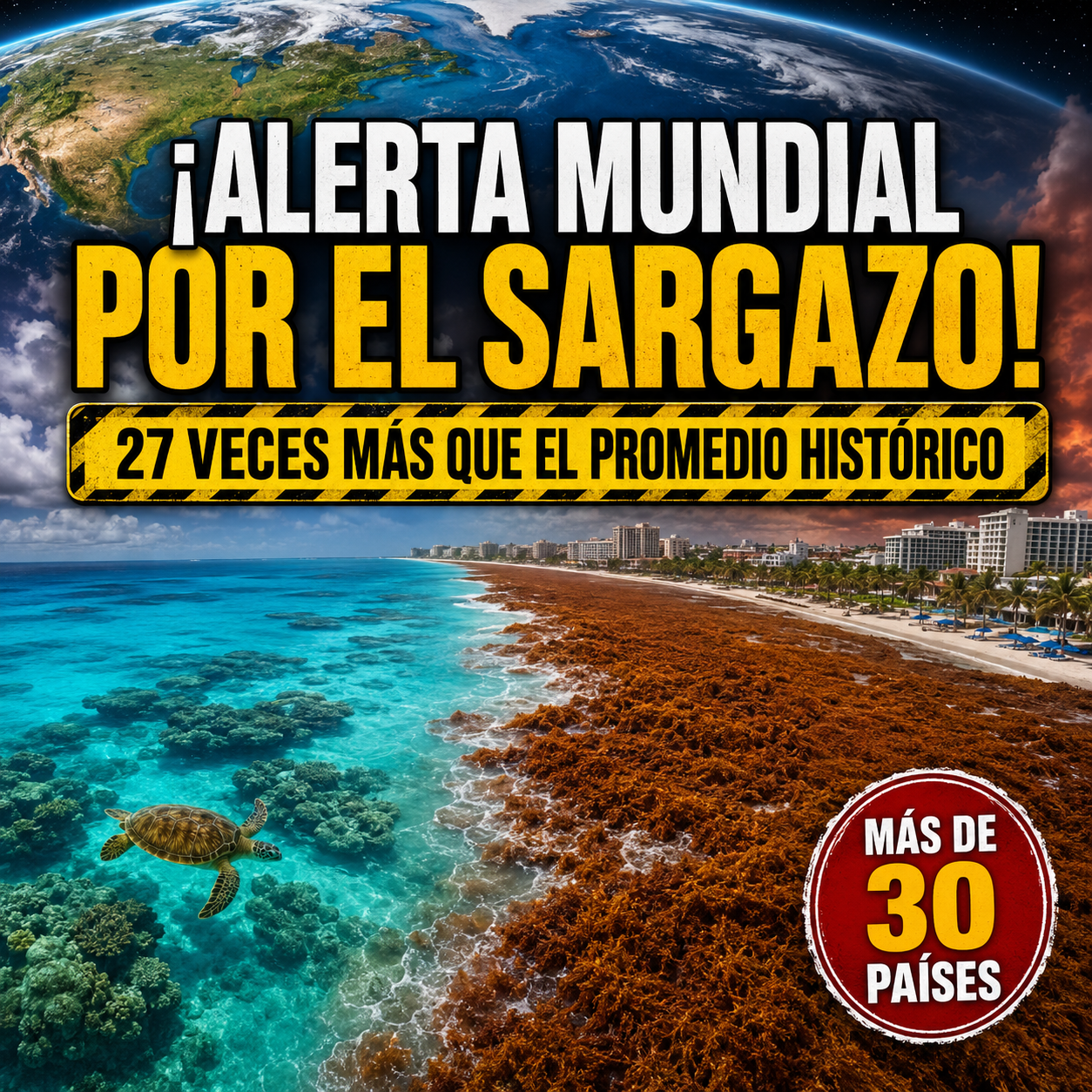 Alerta mundial por el sargazo, fenómeno que aumentó 27 veces sobre el promedio histórico y afecta a más de 30 países.