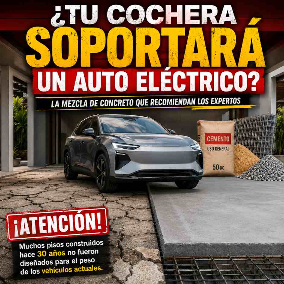Imagen comparativa de una cochera con piso de concreto antiguo agrietado y otro reforzado para soportar un SUV eléctrico moderno, con cemento, arena, grava y malla electrosoldada.