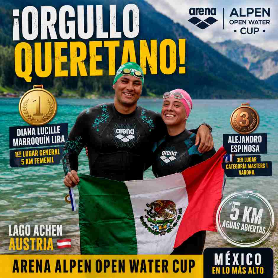 Diana Lucille Marroquín Lira y Alejandro Espinosa celebran con la bandera de México tras obtener el primer y tercer lugar en el ARENA Alpen Open Water Cup 2026 en el lago Achen, Austria.