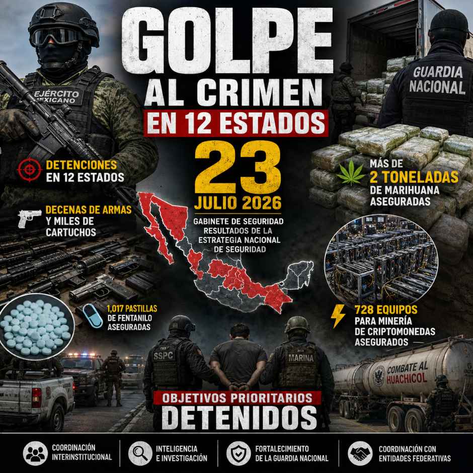 Imagen ilustrativa de un operativo del Gabinete de Seguridad de México con militares, Guardia Nacional, armas aseguradas, droga decomisada, fentanilo, vehículos oficiales y mapa de México que representa acciones contra el crimen organizado en 12 estados.