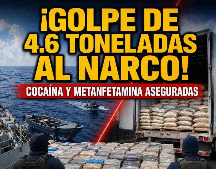 Elementos federales frente a paquetes de presunta droga, una embarcación interceptada y un tractocamión con costales.