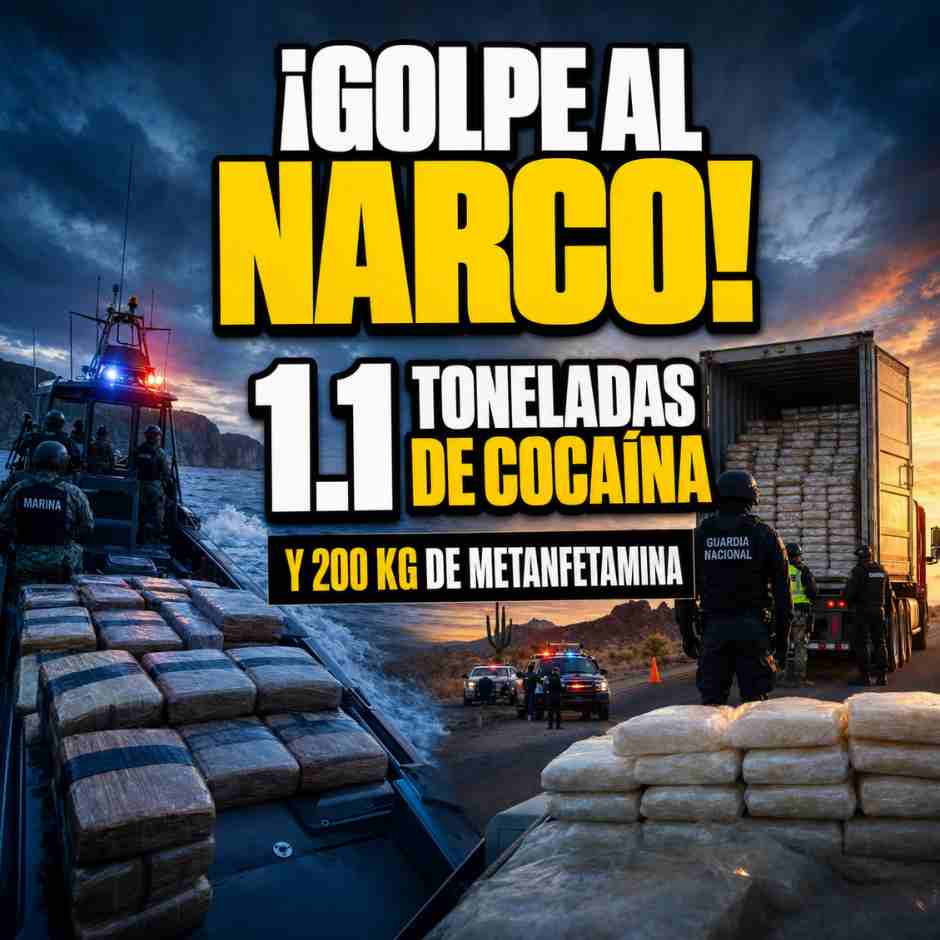 Operativo federal asegura 1.1 toneladas de cocaína y 200 kilos de metanfetamina en México.