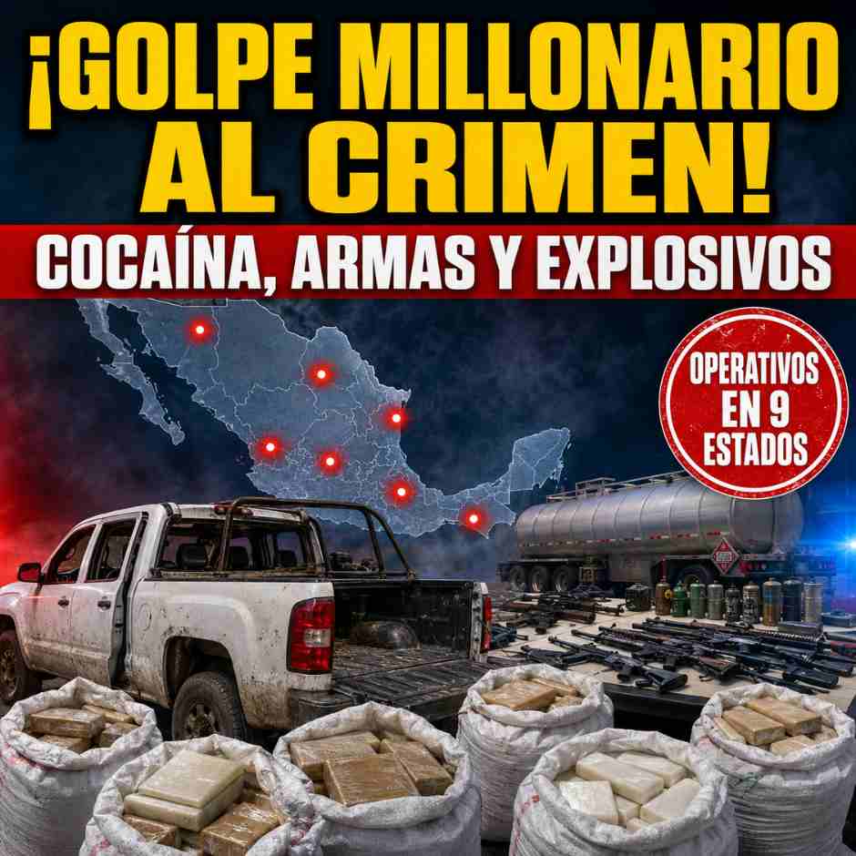 Camioneta con paquetes de presunta cocaína, armas y una pipa aseguradas durante operativos en nueve estados de México.