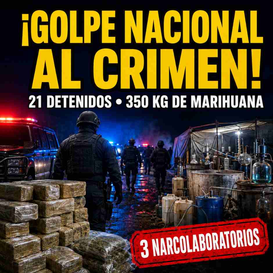 Operativo nacional deja 21 detenidos, 350 kilos de marihuana y tres narcolaboratorios inhabilitados.