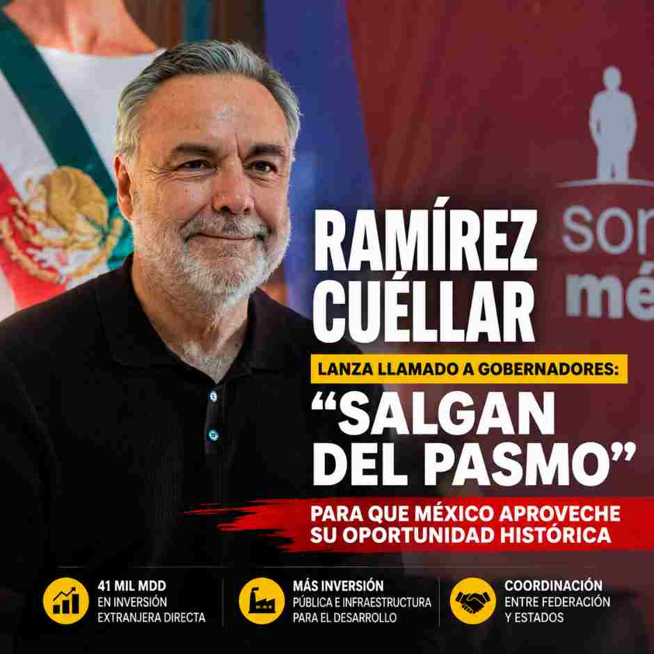 Alfonso Ramírez Cuéllar durante un encuentro público donde llamó a los gobiernos estatales a fortalecer la inversión y coordinarse con la Federación para cumplir las metas del Plan México.
