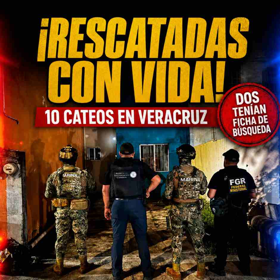 Elementos de Marina y FGR durante operativo que permitió rescatar a tres personas privadas de la libertad en Veracruz.
