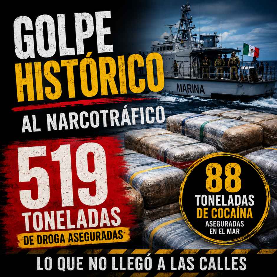 Golpe histórico al narcotráfico en México con casi 519 toneladas de droga y 88 toneladas de cocaína aseguradas por la Marina.