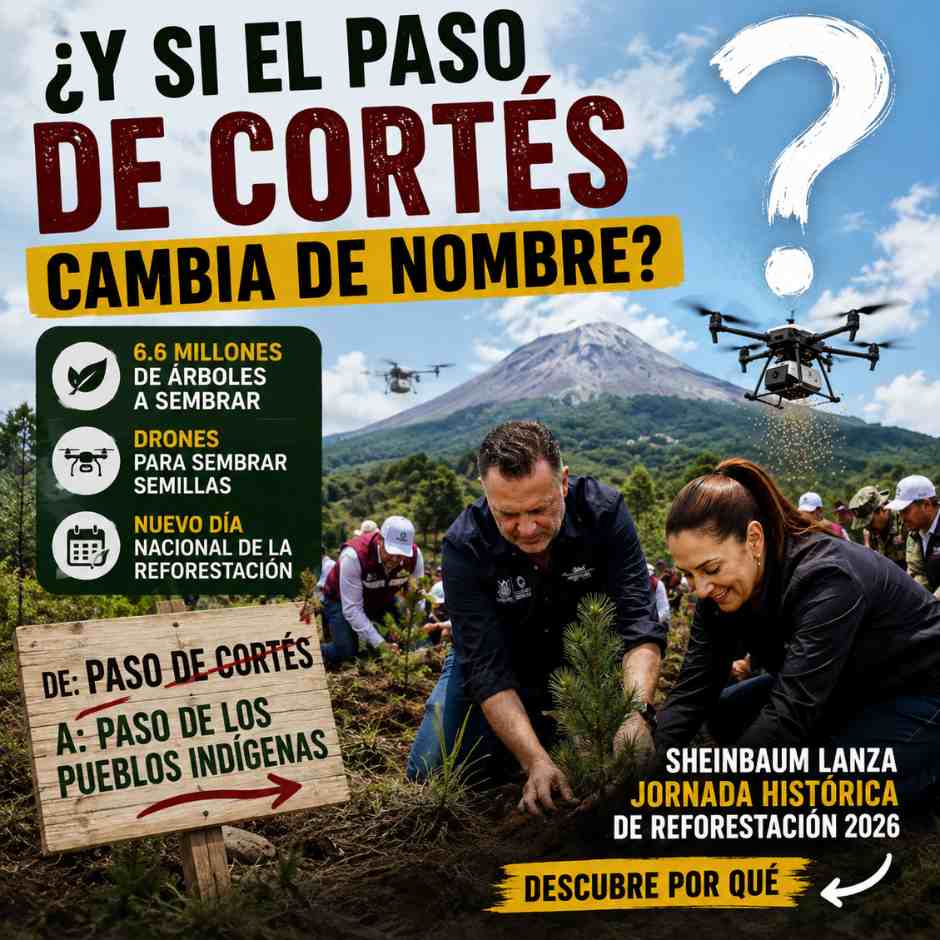 Imagen ilustrativa sobre la propuesta de cambiar el nombre del Paso de Cortés por Paso de los Pueblos Indígenas durante la Jornada Nacional de Reforestación 2026 encabezada por Claudia Sheinbaum.
