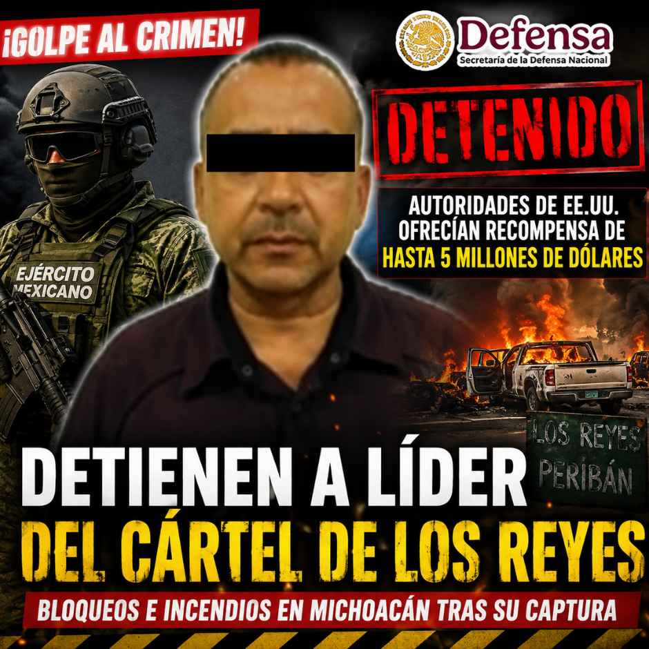 Detención de Alfonso “N”, identificado como líder del Cártel de Los Reyes, tras un operativo del Ejército Mexicano; la captura provocó bloqueos e incendios en Michoacán.