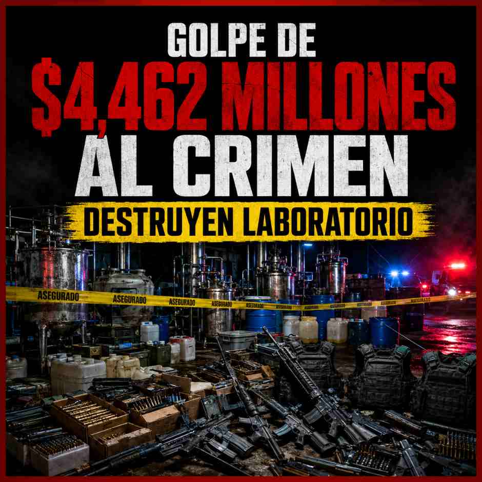 Representación de un laboratorio clandestino, armas y cartuchos asegurados durante el golpe al crimen organizado por 4 mil 462 millones de pesos.
