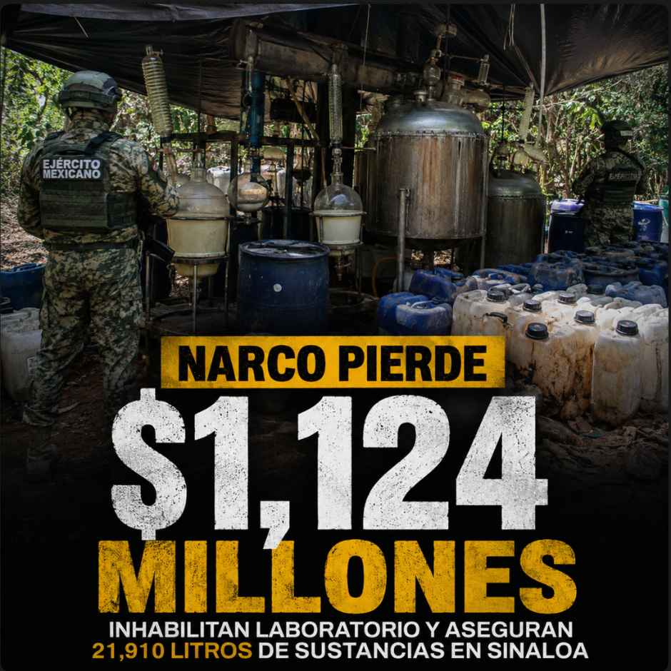 Laboratorio clandestino asegurado en Sinaloa con sustancias para producir drogas sintéticas.