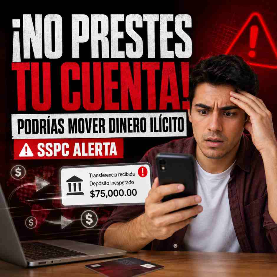 Joven sorprendido por una transferencia bancaria inesperada; la SSPC alerta sobre prestar una cuenta bancaria.