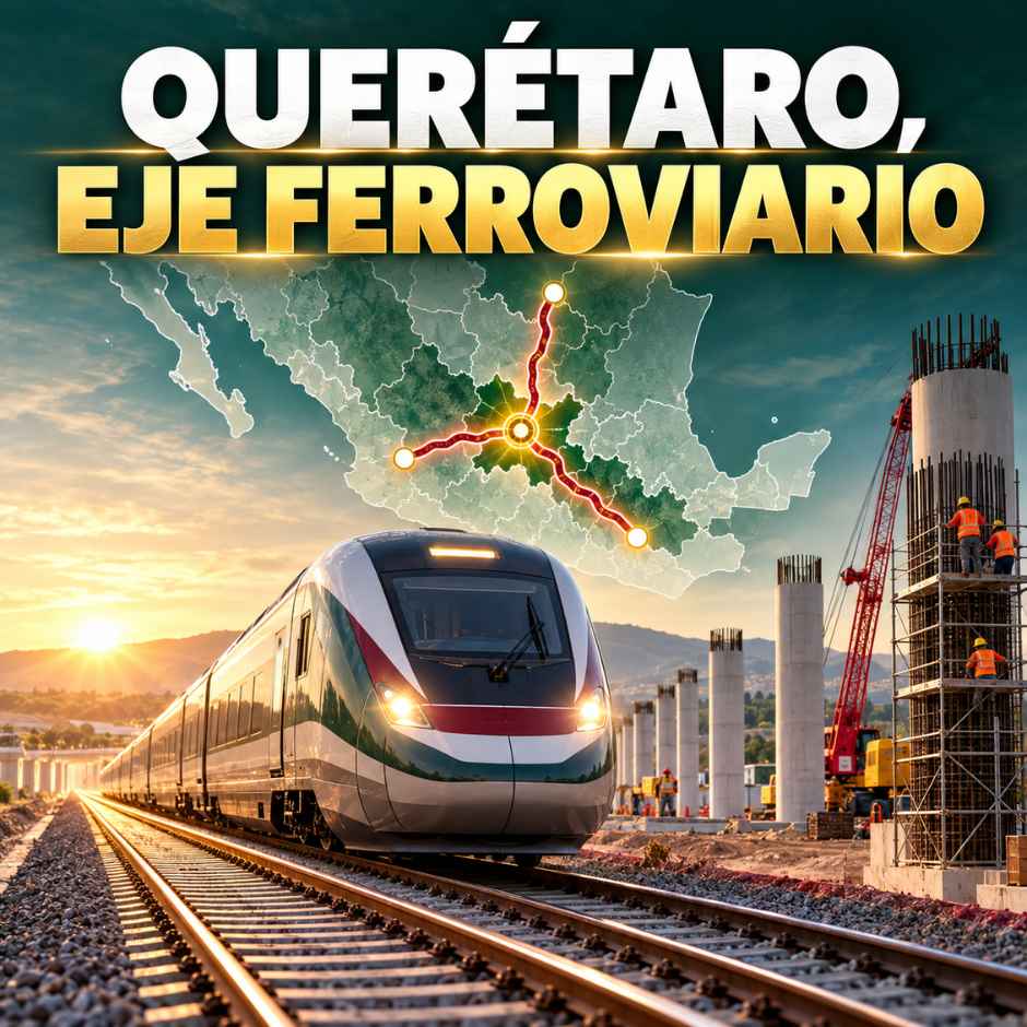 Tren de pasajeros y mapa de las rutas México–Querétaro, Querétaro–Irapuato y Querétaro–San Luis Potosí.