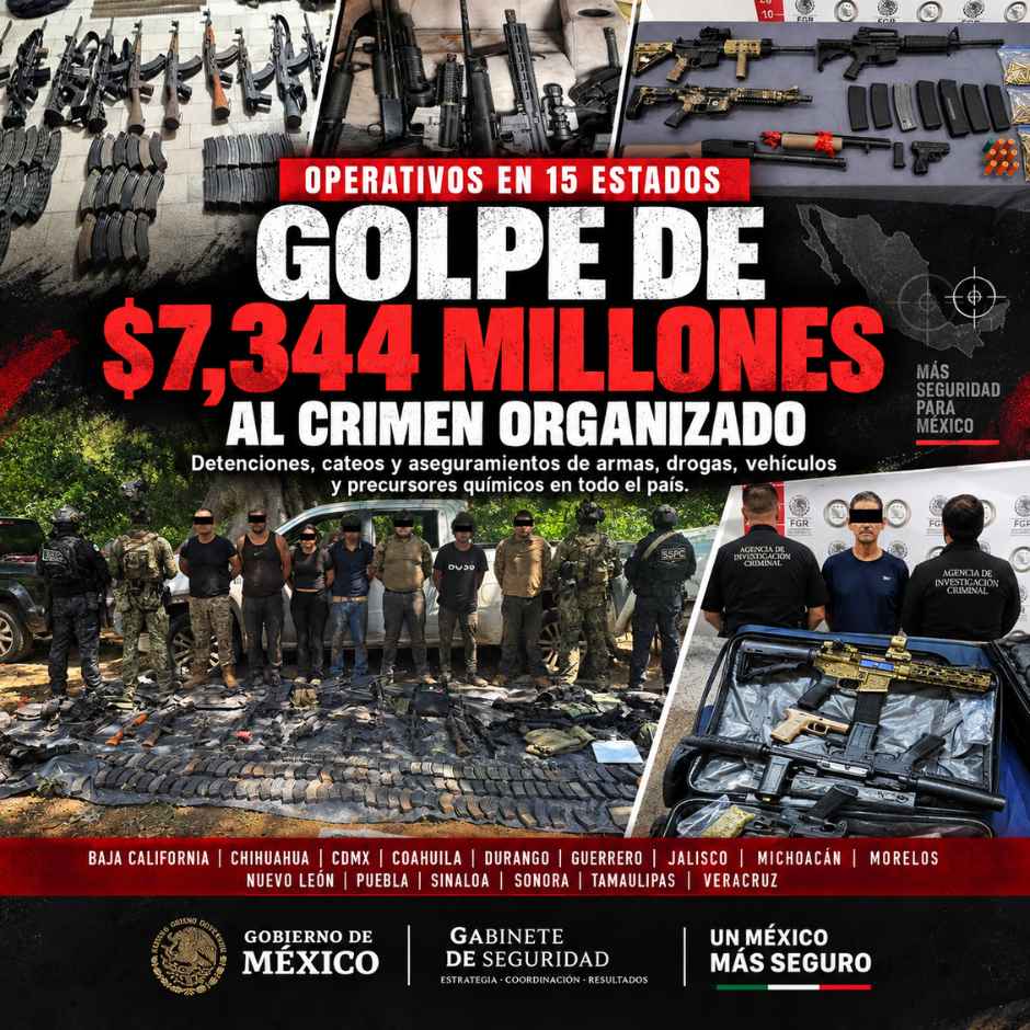 Golpe de 7,344 millones de pesos al crimen organizado tras operativos de seguridad en 15 estados de México.