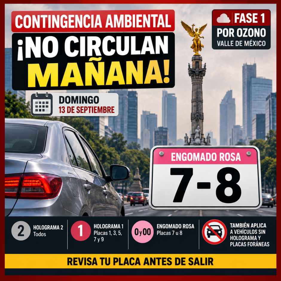 Contingencia ambiental en CDMX: autos que no circulan el domingo 13 de septiembre de 2026