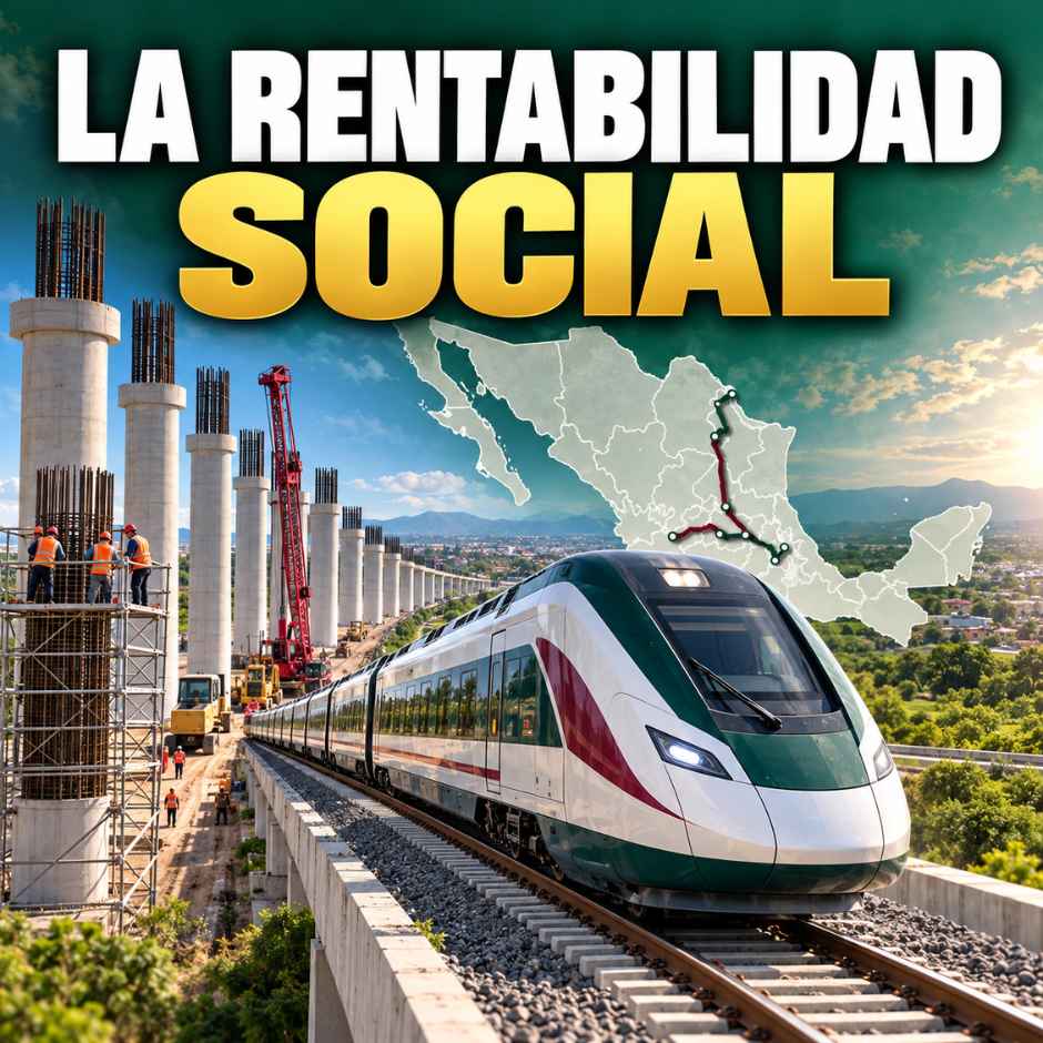 Tren de pasajeros y obras ferroviarias que representan la rentabilidad social de la infraestructura pública en México.