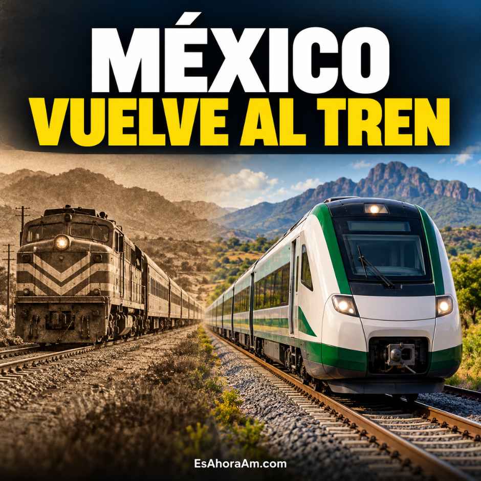 Ilustración de un tren histórico y uno moderno que representa la recuperación de los trenes de pasajeros en México.